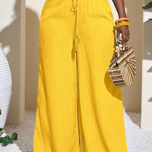 Yellow Casual Women's Full Length wide legging flowy Pants - Picture 3 of 9